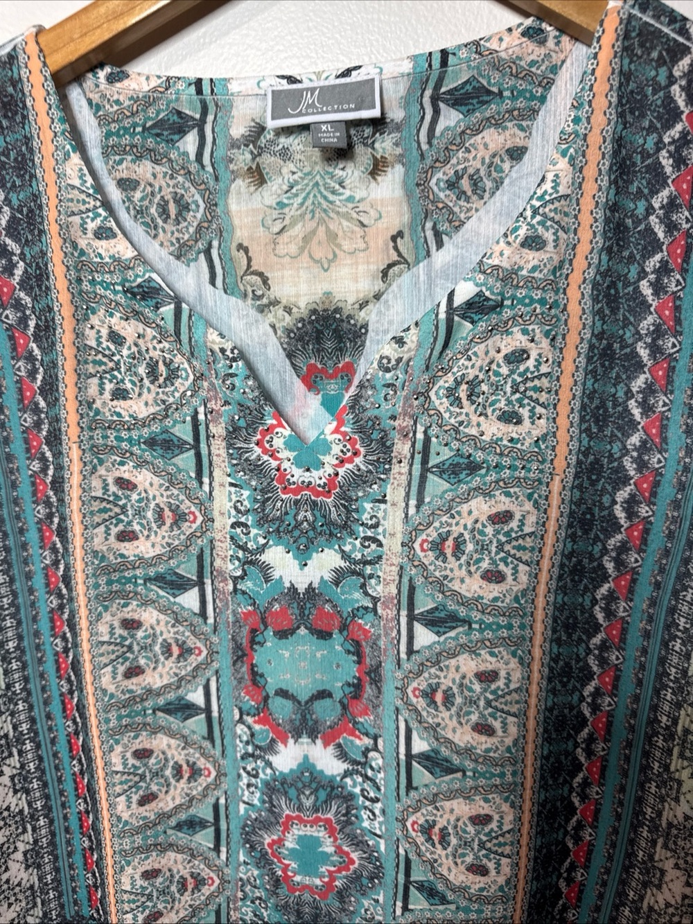 JM Collection Teal Multi-Pattern Open Front Kimono - Picture 11 of 12